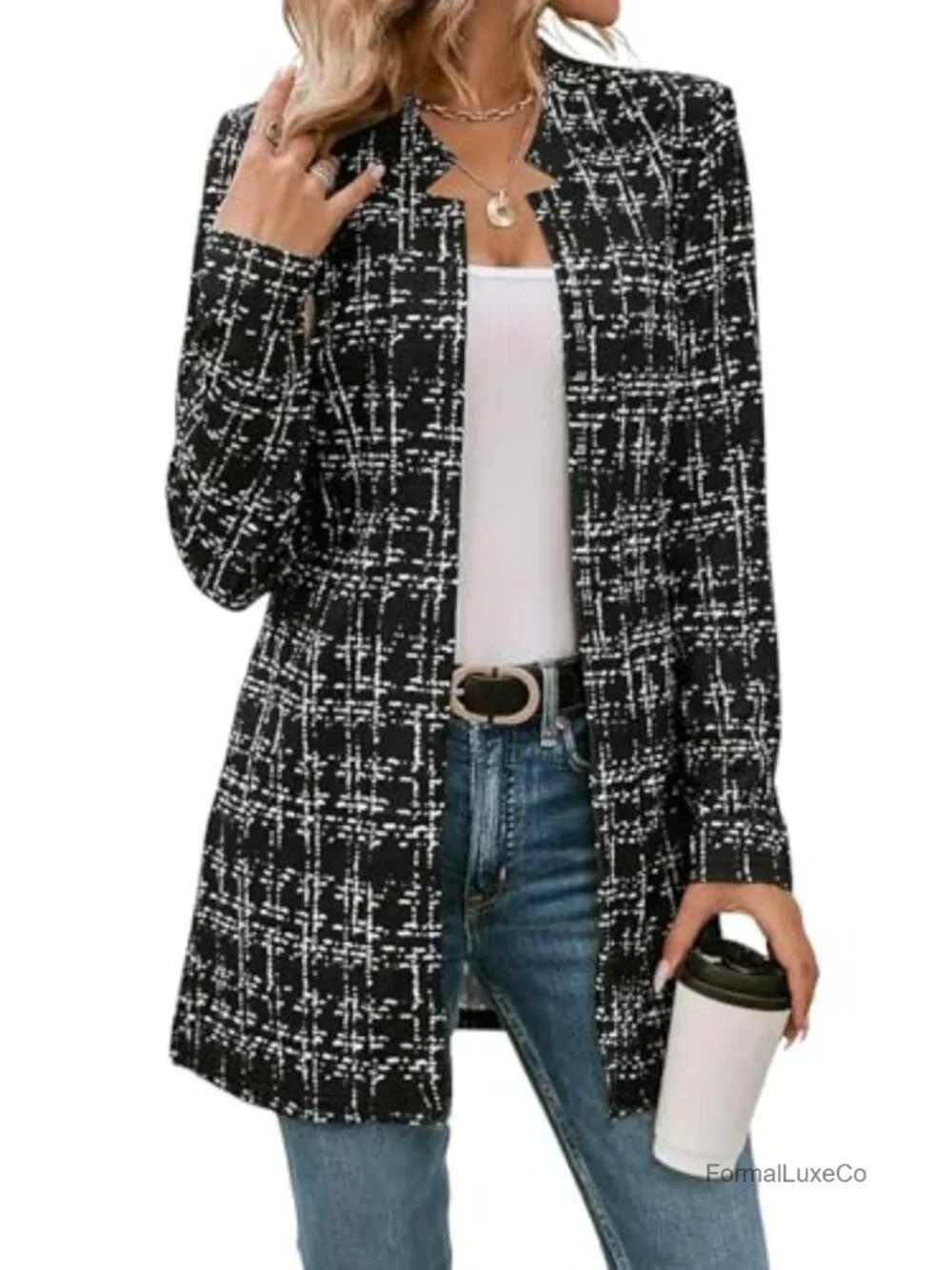 Women's Notch Lapel Plaid Tweed Blazer Open Front Long Sleeve Thigh Length